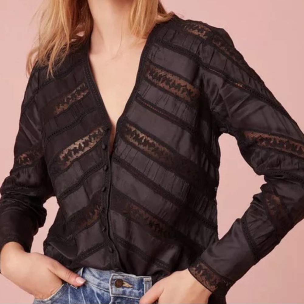 LoveShackFancy Black Sheer Lace-Trim Button Front Blouse